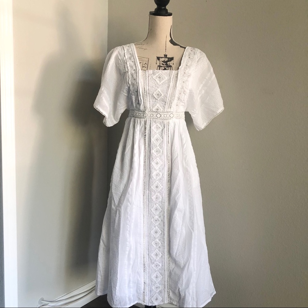 Anthropologie white cotton embroidered dress